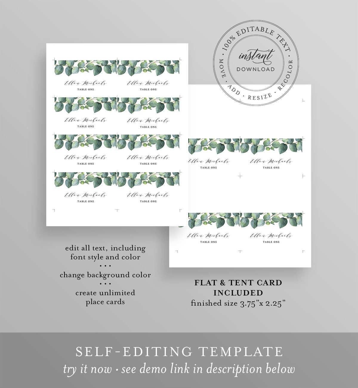 Eucalyptus Place Card Template, Instant Download, Printable Wedding For Printable Escort Cards Template