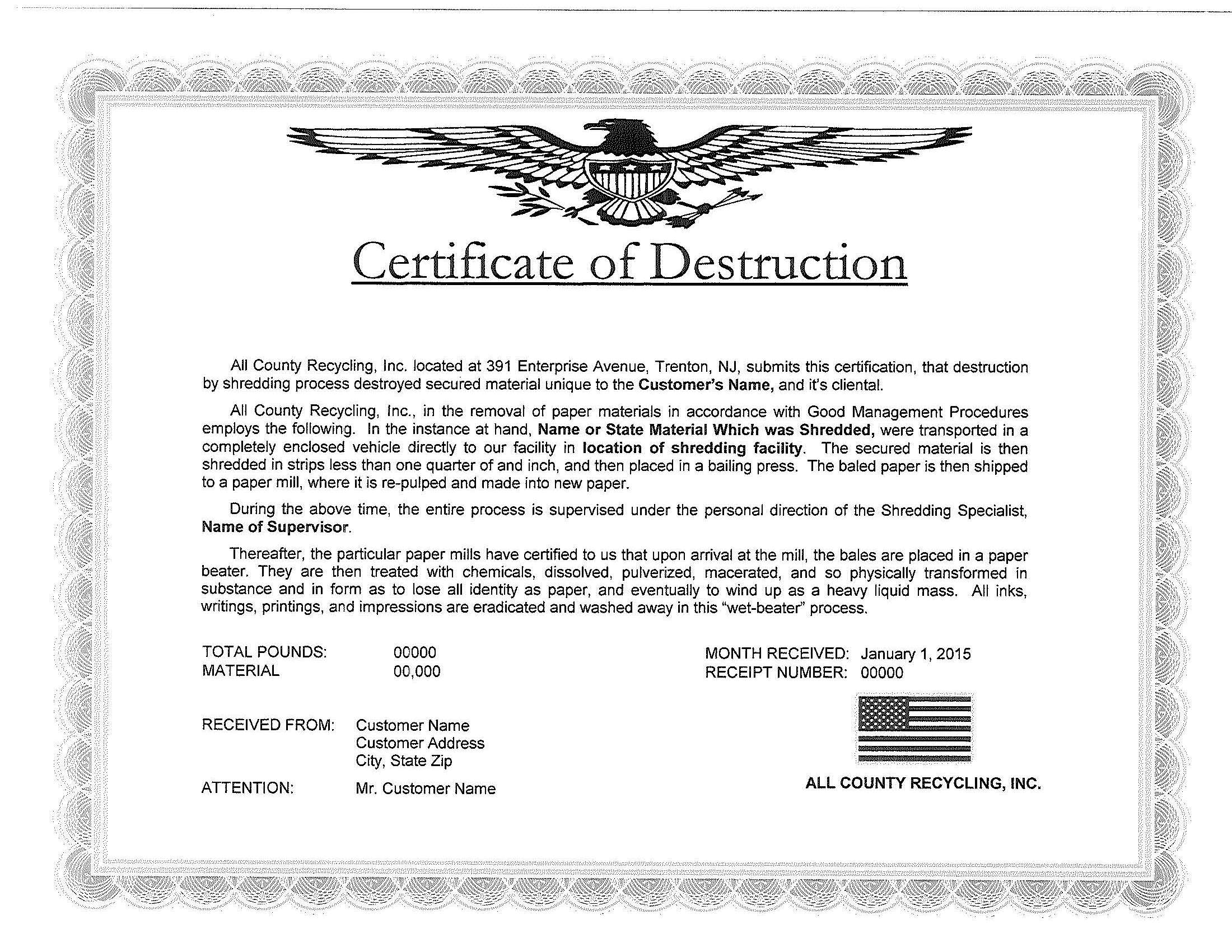 🥰5+ Free Certificate Of Destruction Sample Templates🥰 Within Certificate Of Destruction Template