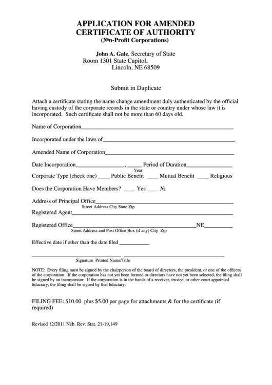Fillable Amended Certificate Of Authority Application Form – Secretary For Certificate Of Authorization Template