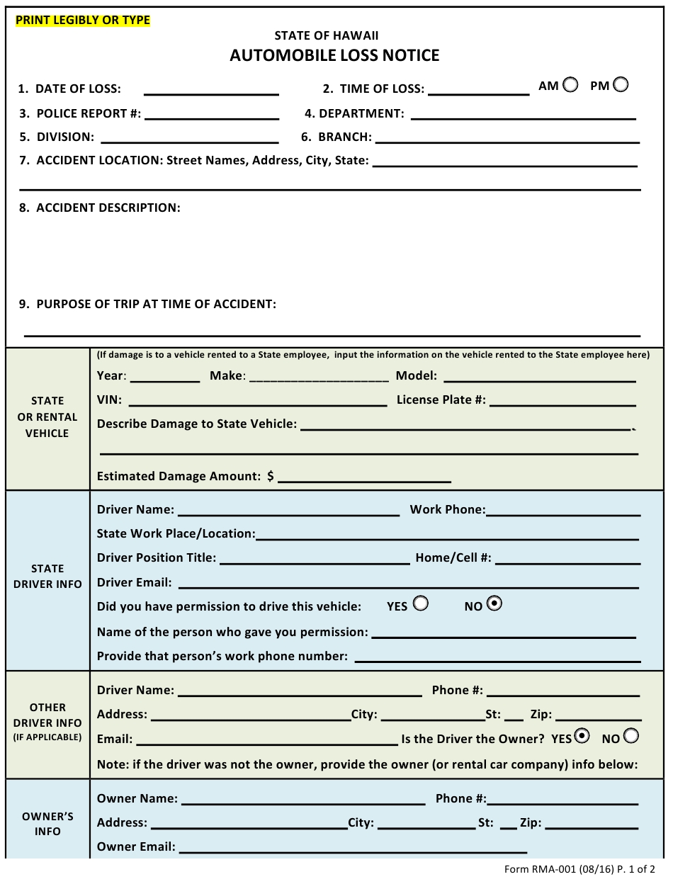 Form Rma 001 Download Fillable Pdf Or Fill Online Automobile Loss With Regard To Rma Report Template