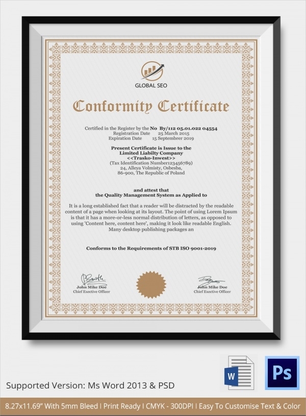 Free 23+ Sample Certificate Of Conformance In Pdf | Ms Word | Psd | Ai Intended For Certificate Of Conformance Template