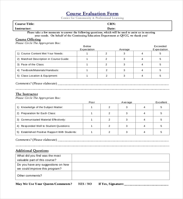 Free 25+ Sample Course Evaluation Forms In Pdf | Word | Excel For Student Feedback Form Template Word