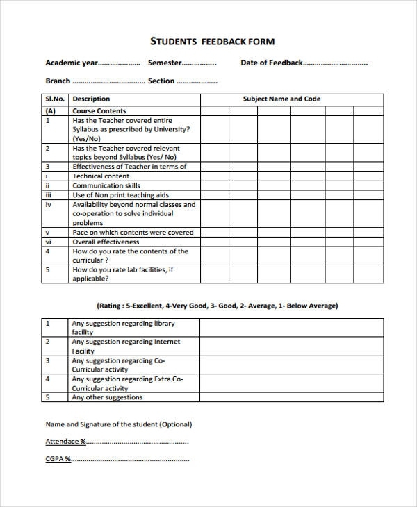 Free 27+ Sample Student Feedback Forms In Pdf | Ms Word | Excel With Student Feedback Form Template Word