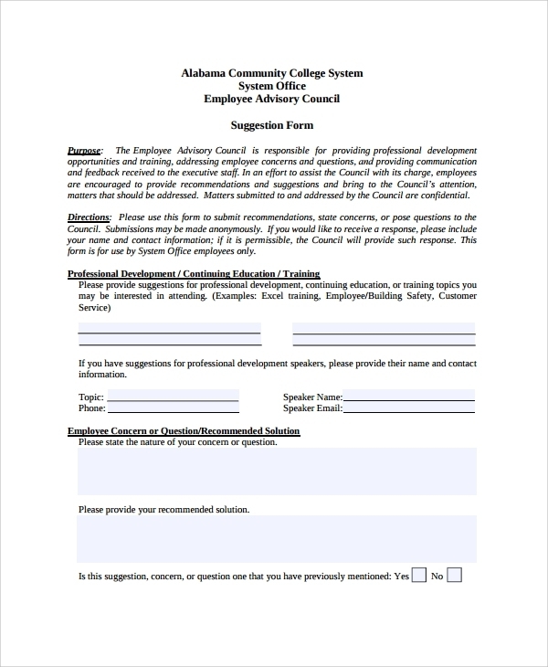 Free 7+ Sample Employee Suggestion Forms In Pdf | Ms Word In Word Employee Suggestion Form Template