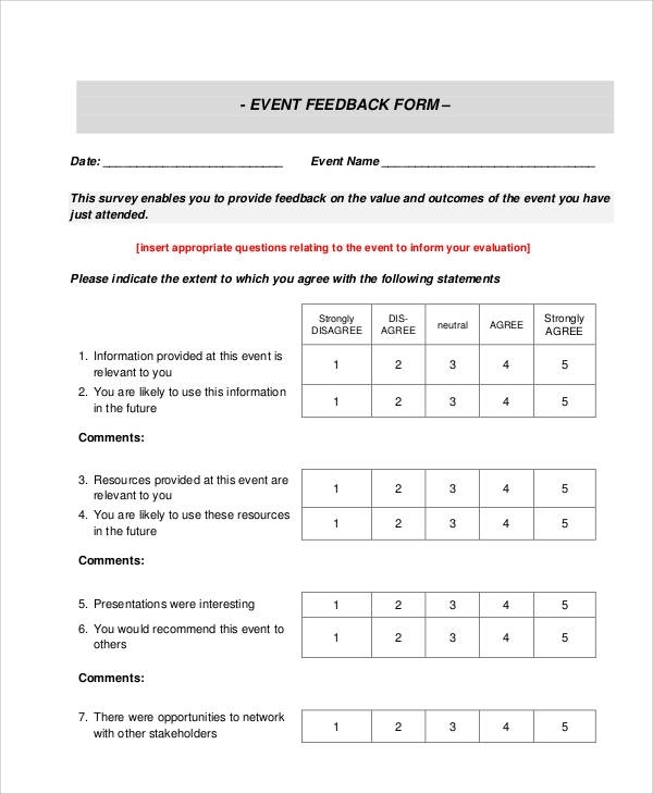 Free 9 Sample Event Feedback Forms In Ms Word Pdf Throughout Event Survey Template Word