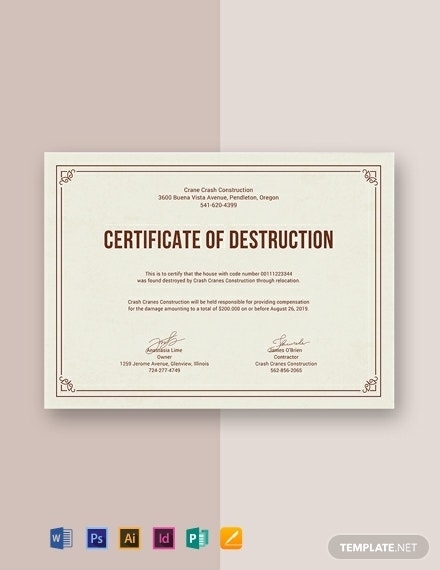 Free Certificate Of Destruction Template – Word | Psd | Indesign For Certificate Of Destruction Template