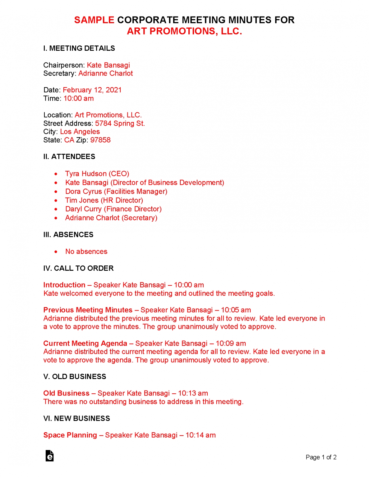 Free Corporate Meeting Minutes Template | Sample – Word | Pdf – Eforms With Corporate Minutes Template Word