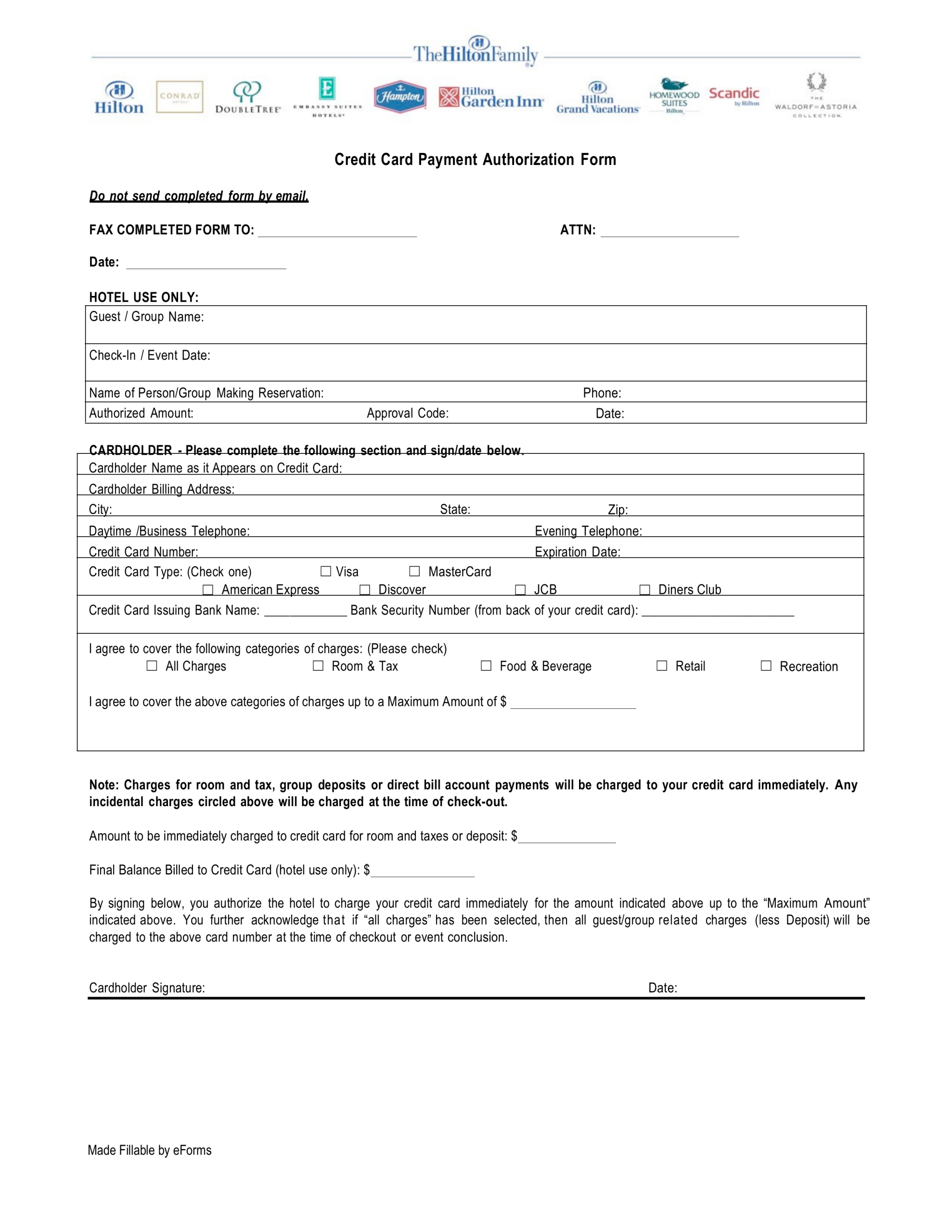 Free Hilton Credit Card Authorization Form – Pdf | Word – Eforms Pertaining To Hotel Credit Card Authorization Form Template
