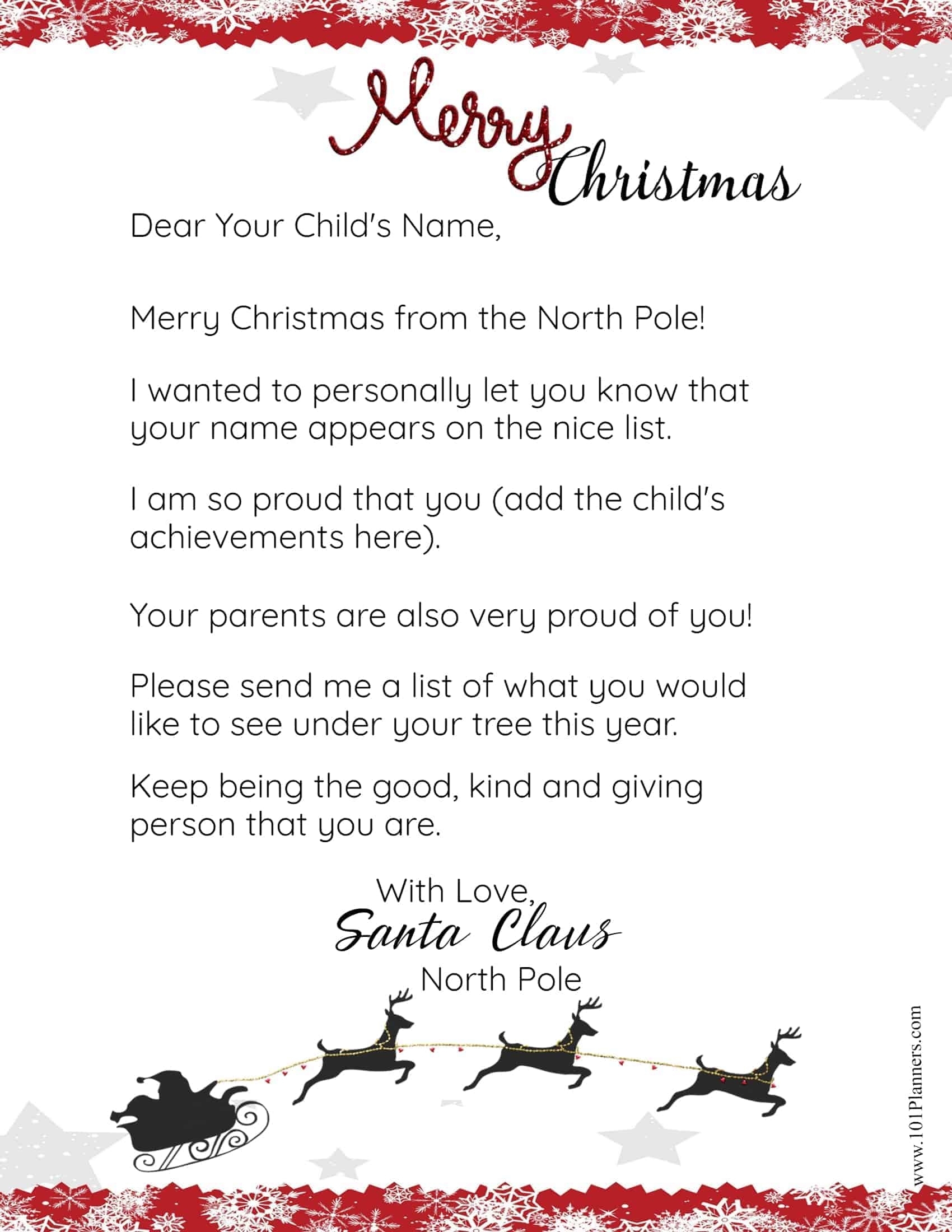 Free Personalized Printable Letter From Santa To Your Child For Santa Letter Template Word