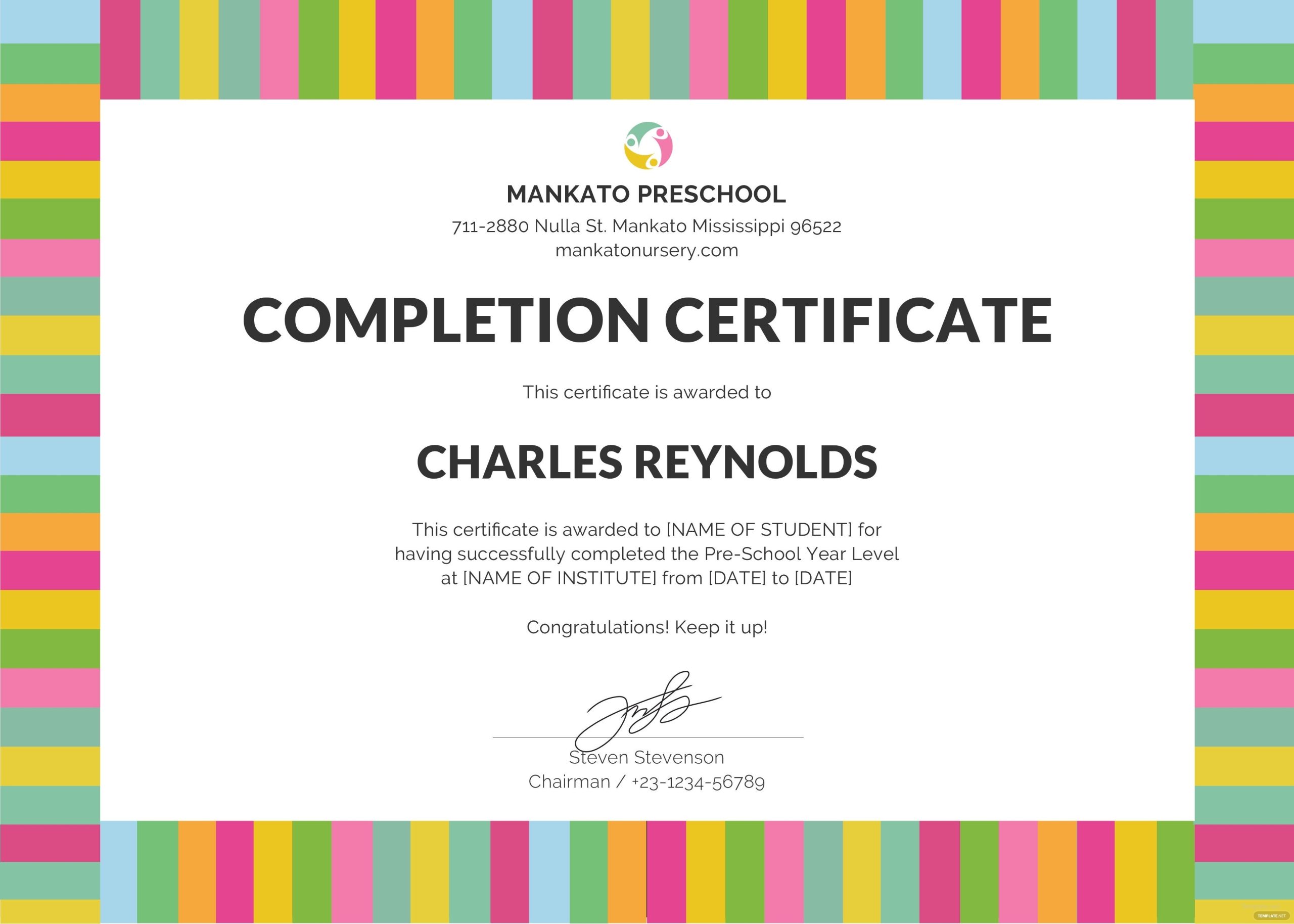 Free Preschool Completion Certificate Template In Microsoft Word Intended For Certificate Of Completion Free Template Word