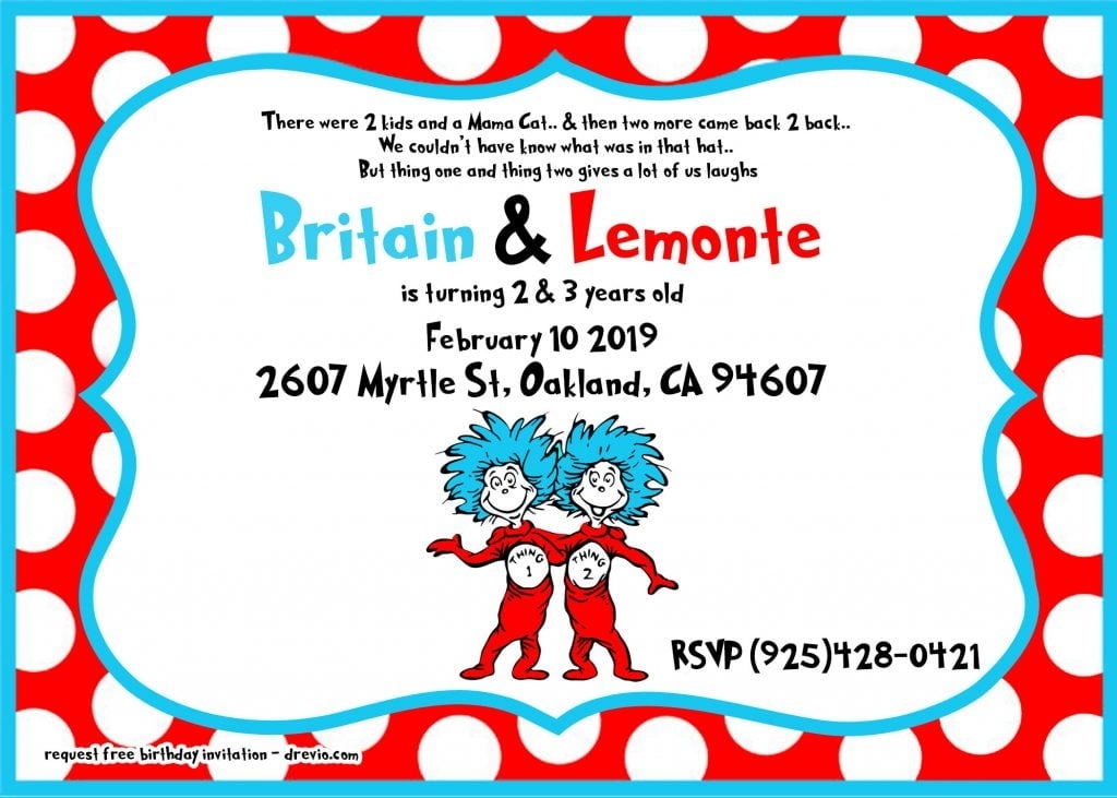 Free Printable Dr.seuss Birthday Invitation Template For Twins In Dr Seuss Birthday Card Template