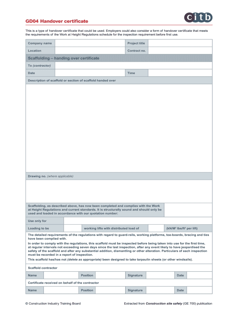 Gd04 Handover Certificate - Citb - Fill And Sign Printable Template For Handover Certificate Template
