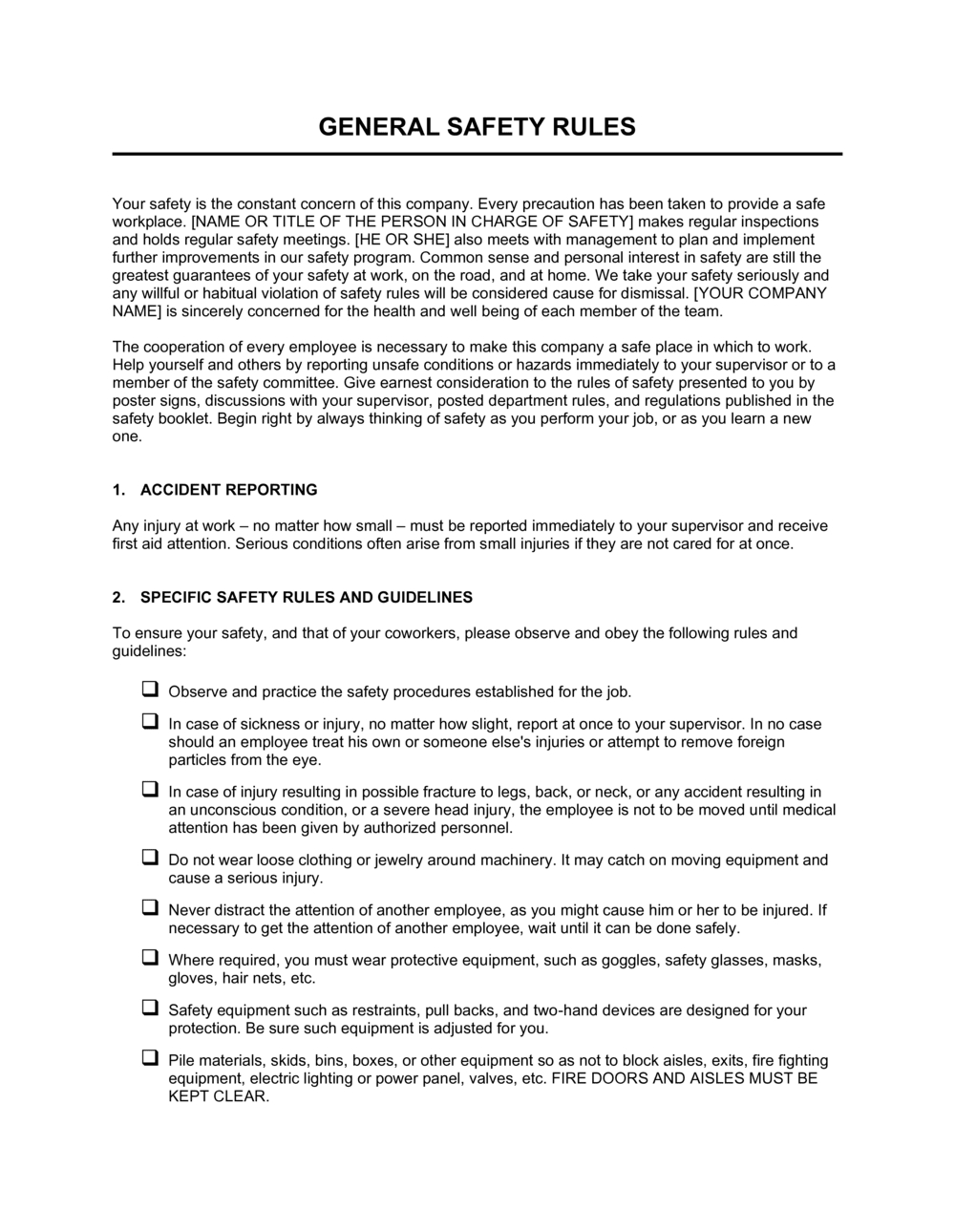 General Safety Rules Template | By Business In A Box™ Pertaining To Business Rules Template Word