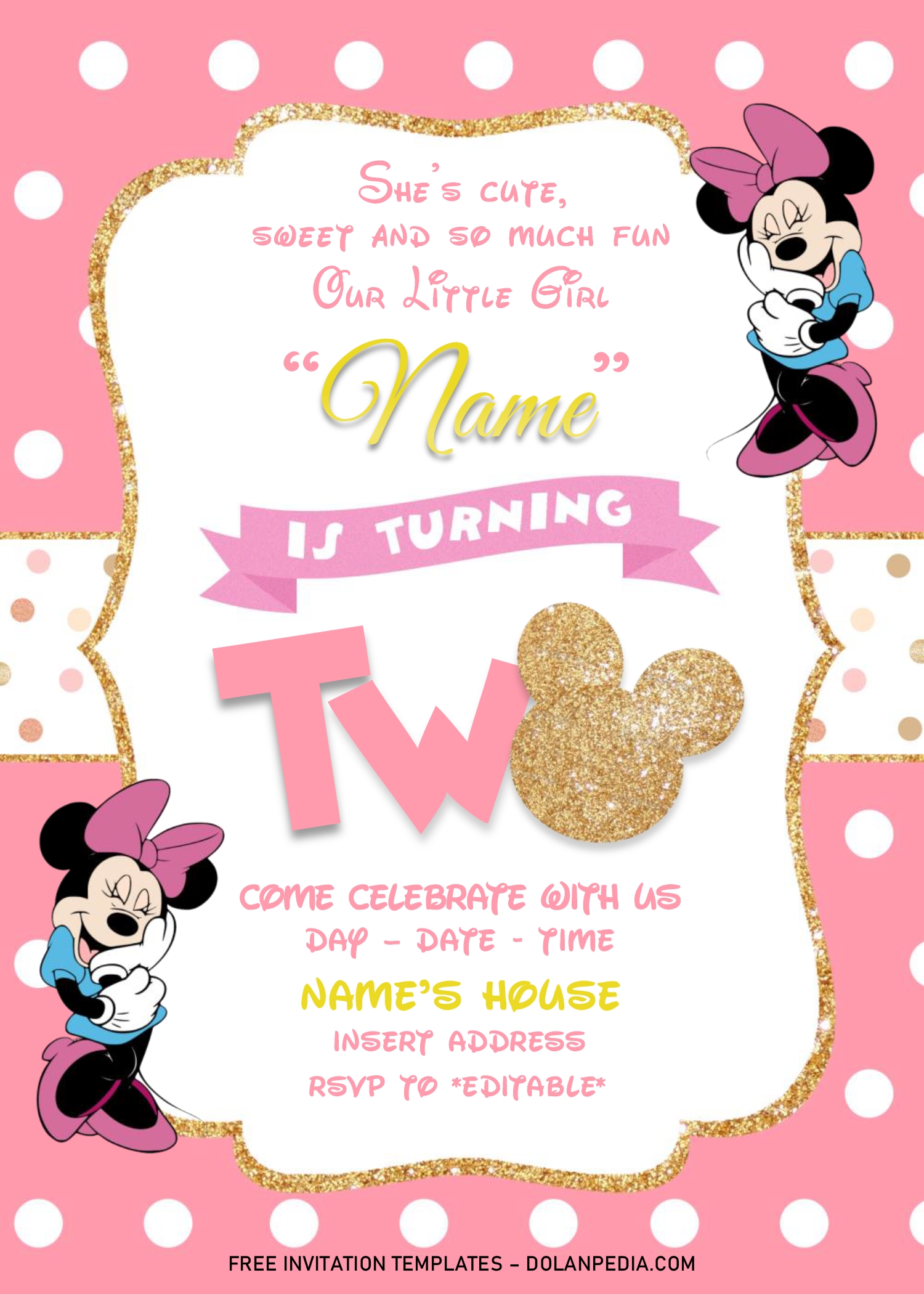 Gold Glitter Minnie Mouse Birthday Invitation Templates – Editable With Regard To Minnie Mouse Card Templates
