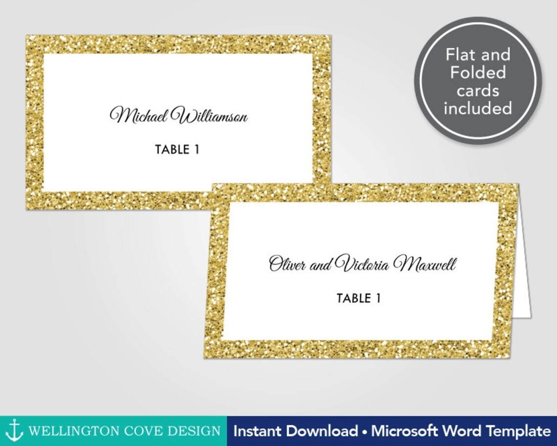 Gold Glitter Wedding Place Cards Template For Microsoft Word | Etsy With Regard To Wedding Place Card Template Free Word