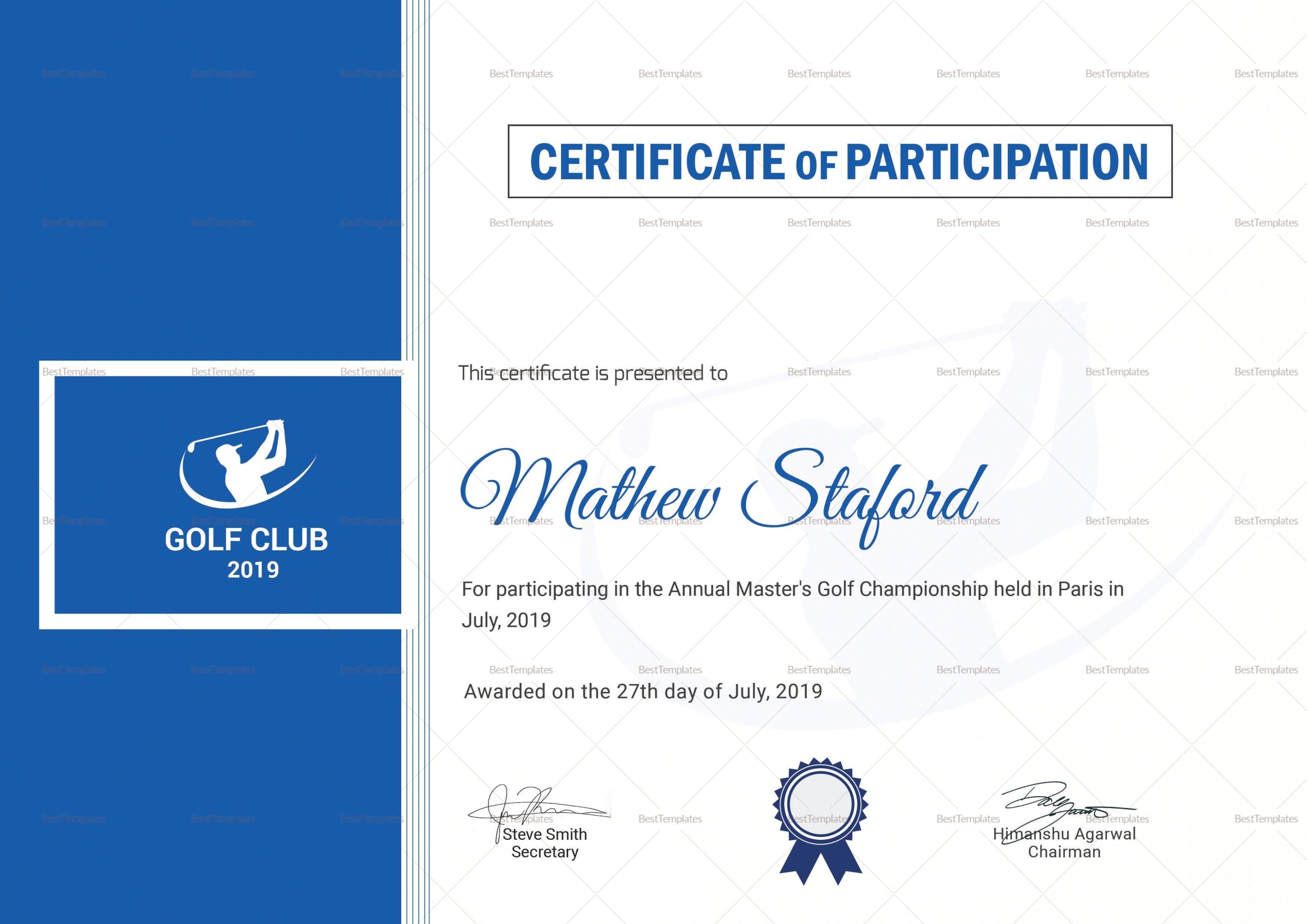 Golf Participation Certificate Design Template In Psd, Word Pertaining To Golf Certificate Template Free