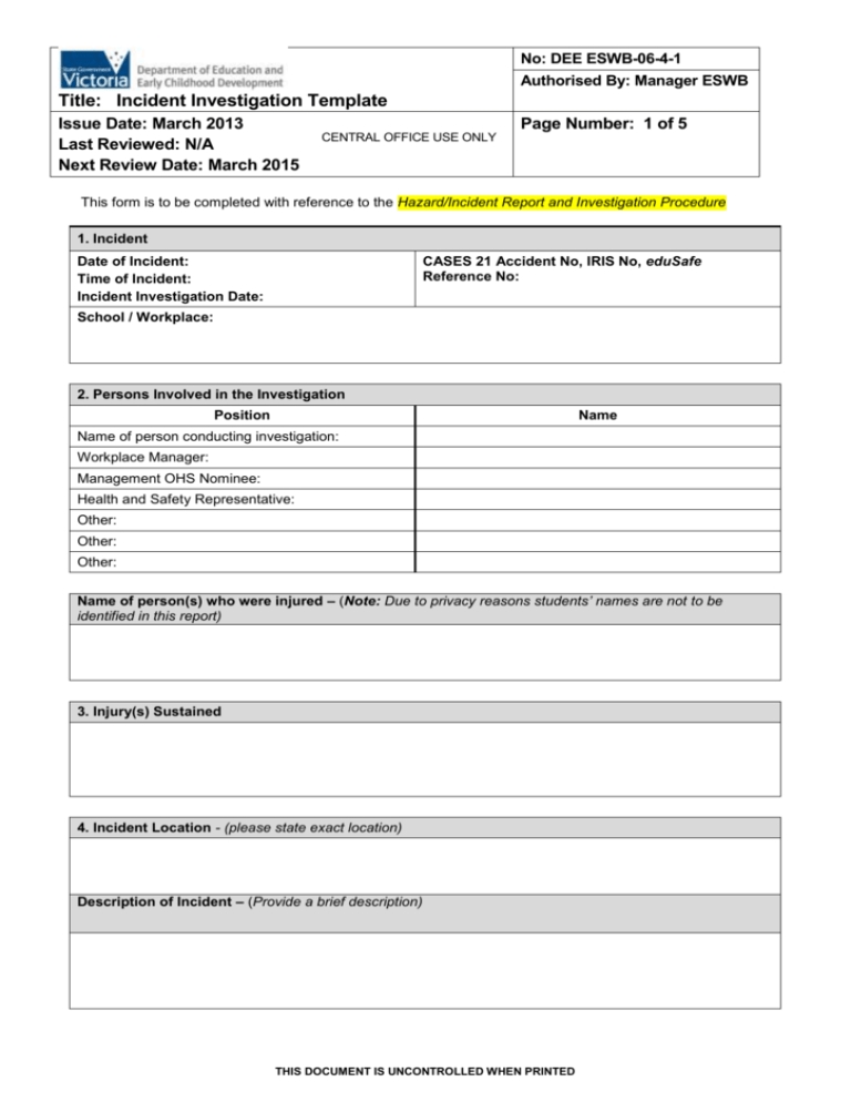 Hazard/Incident Investigation Template Regarding Hazard Incident Report Form Template
