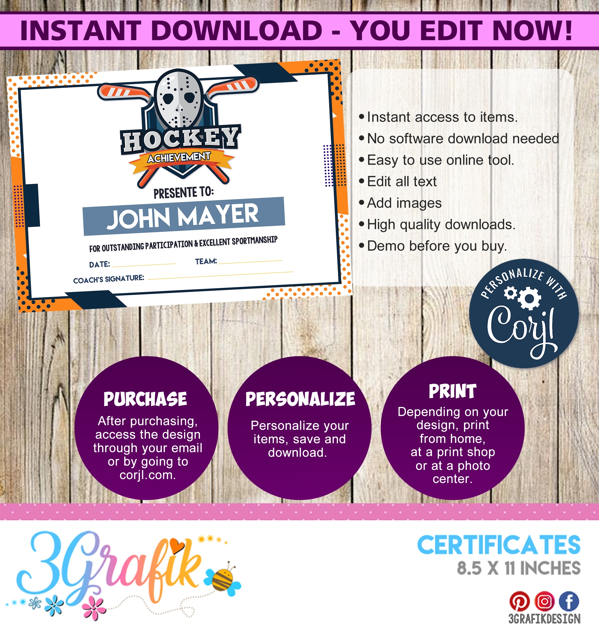 Hockey – Digital Template Certificate – 3Grafik With Regard To Hockey Certificate Templates