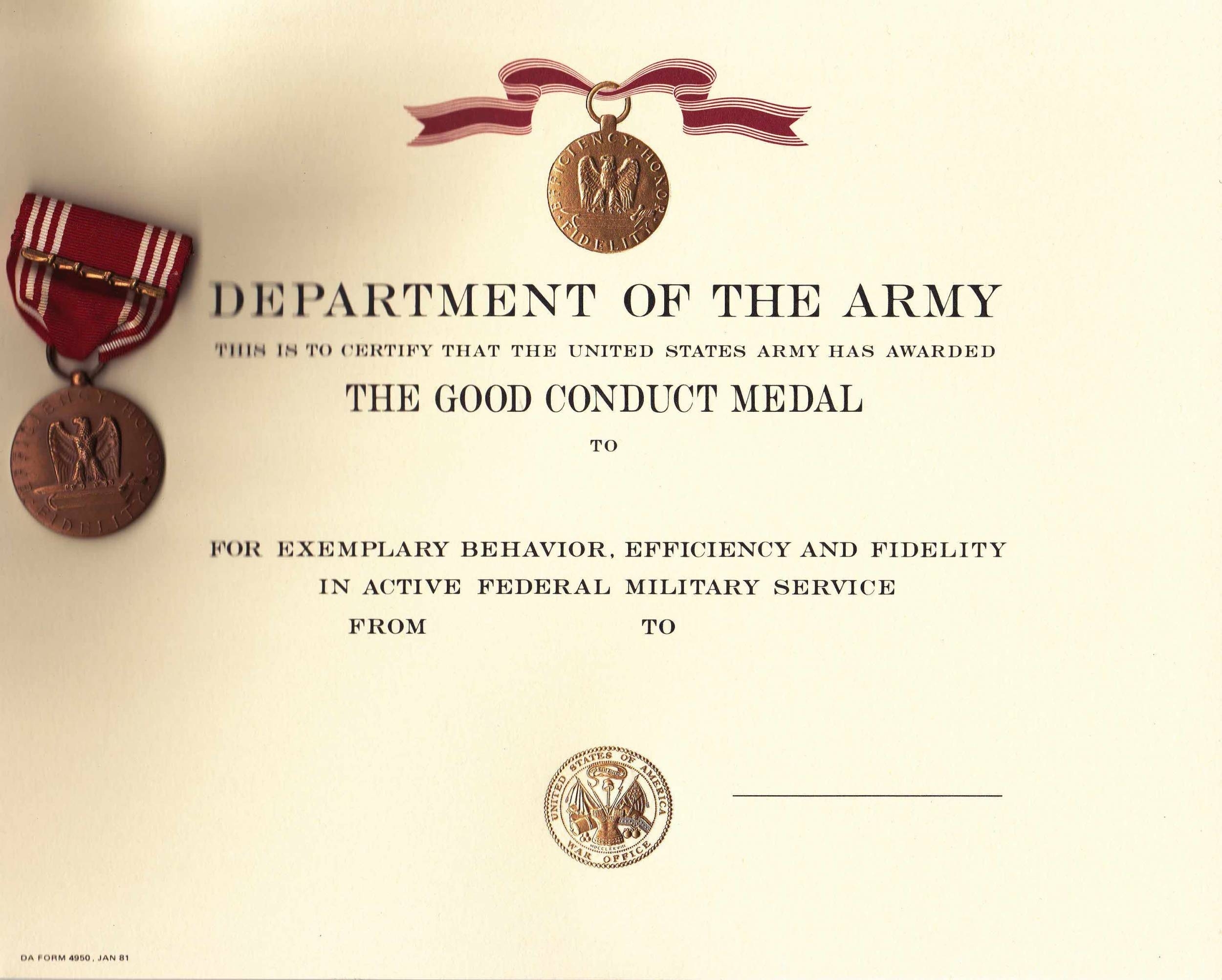 Images Database - Orders & Medals Society Of America Inside Army Good Conduct Medal Certificate Template