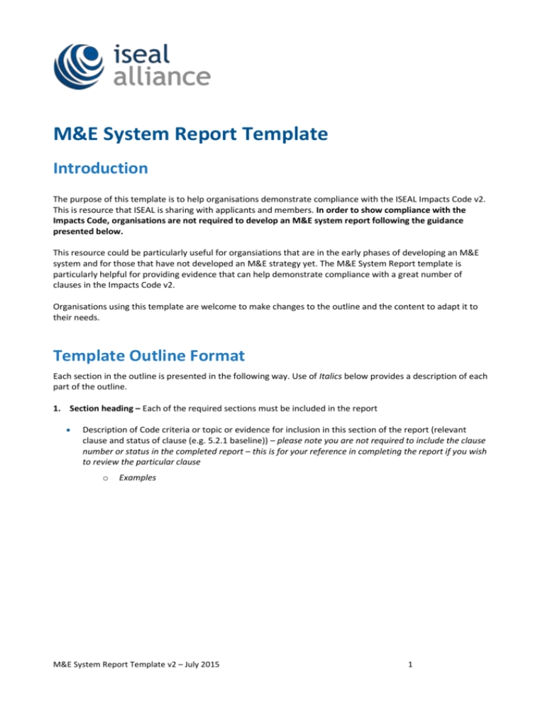 Impacts Code V2 M&E System Report Template With M&amp;E Report Template