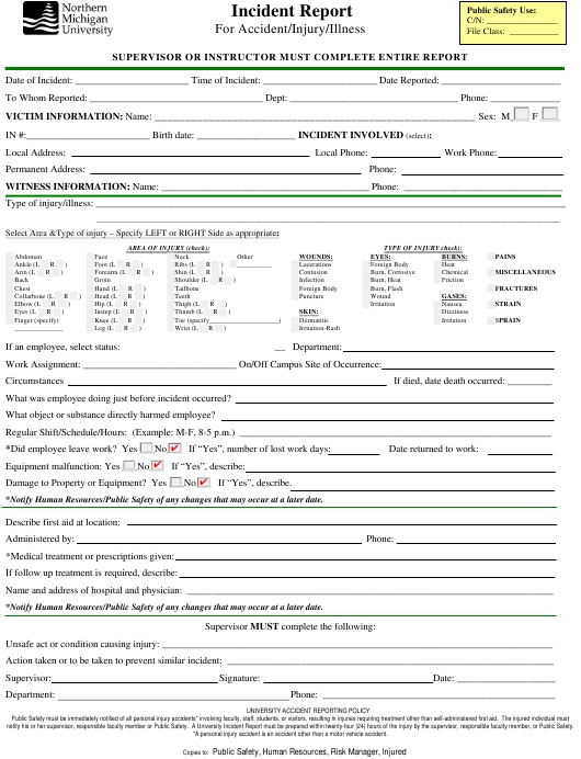 Incident Report Form For Accident/Injury/Illness – Northern Michigan Pertaining To Mi Report Template