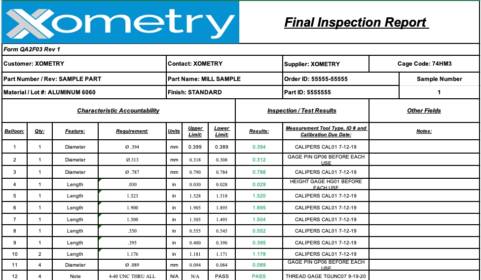 Inspection & Sampling Plan – Xometry Inside Part Inspection Report Template