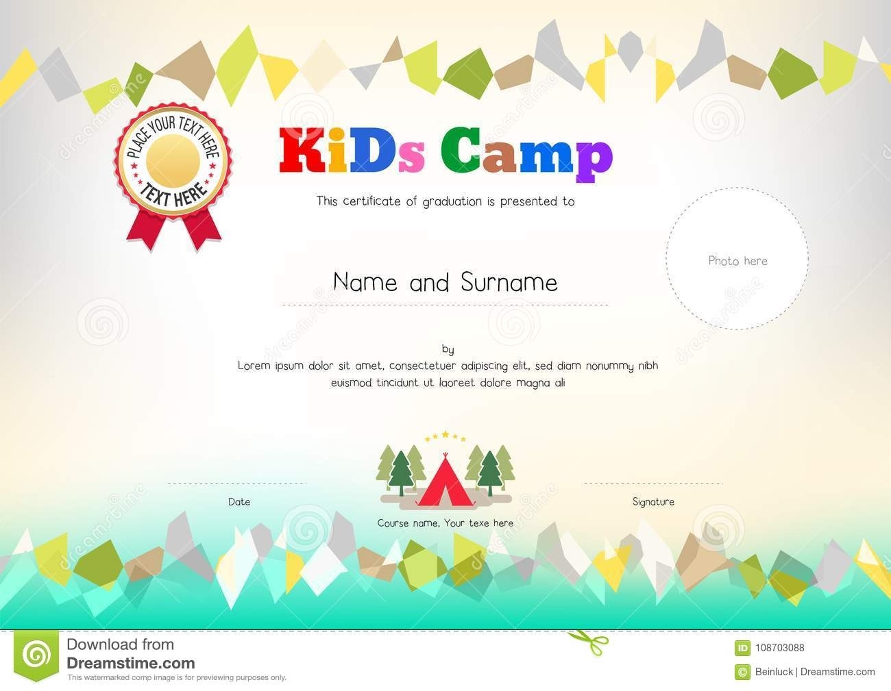 Kids Summer Camp Diploma Or Certificate Template Award Ribbon An Stock Inside Summer Camp Certificate Template