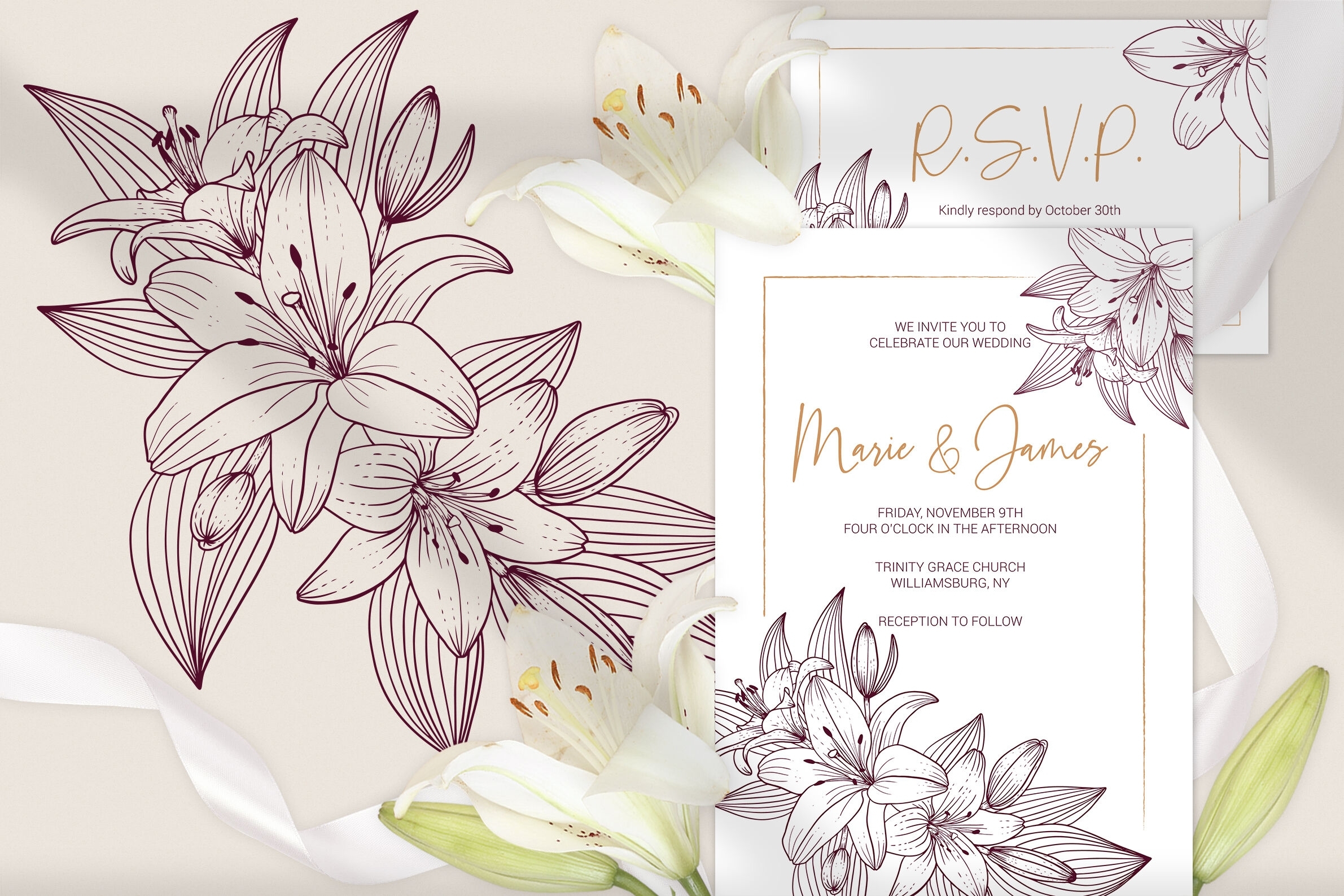 Lilies Wedding Invitation Template Floral Printable Cards By Paw Studio For Invitation Cards Templates For Marriage