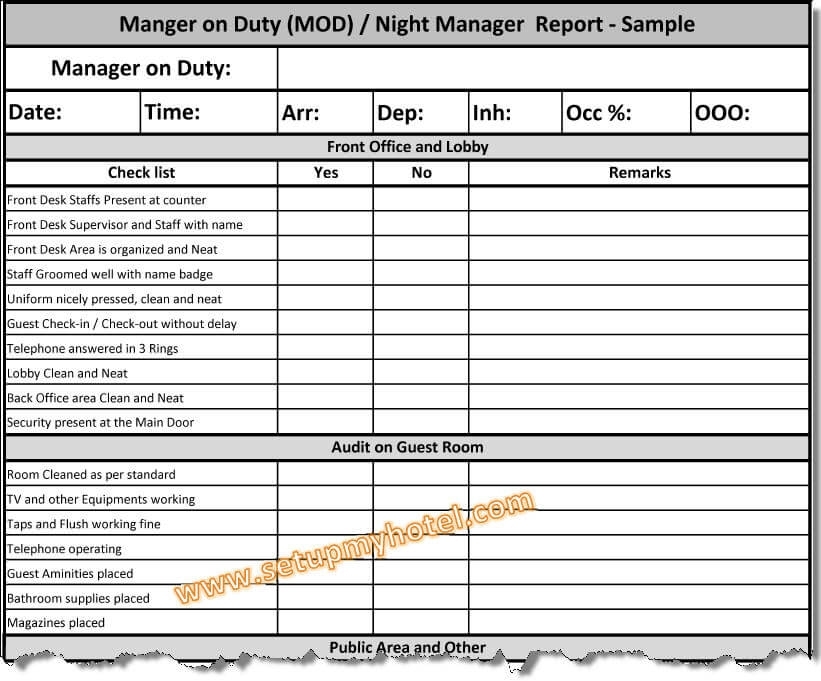 Manager On Duty (Mod) Report / Night Manager Checklist Throughout Operations Manager Report Template