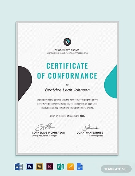 Manufacturer'S Certificate Of Conformance Template – Word (Doc) | Psd Pertaining To Certificate Of Manufacture Template
