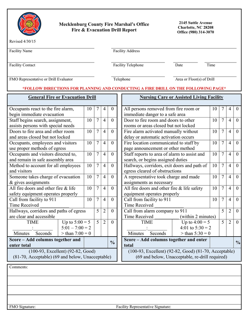 Mecklenburg County Fire Marshal'S Office Fire & Evacuation Drill Report Regarding Fire Evacuation Drill Report Template