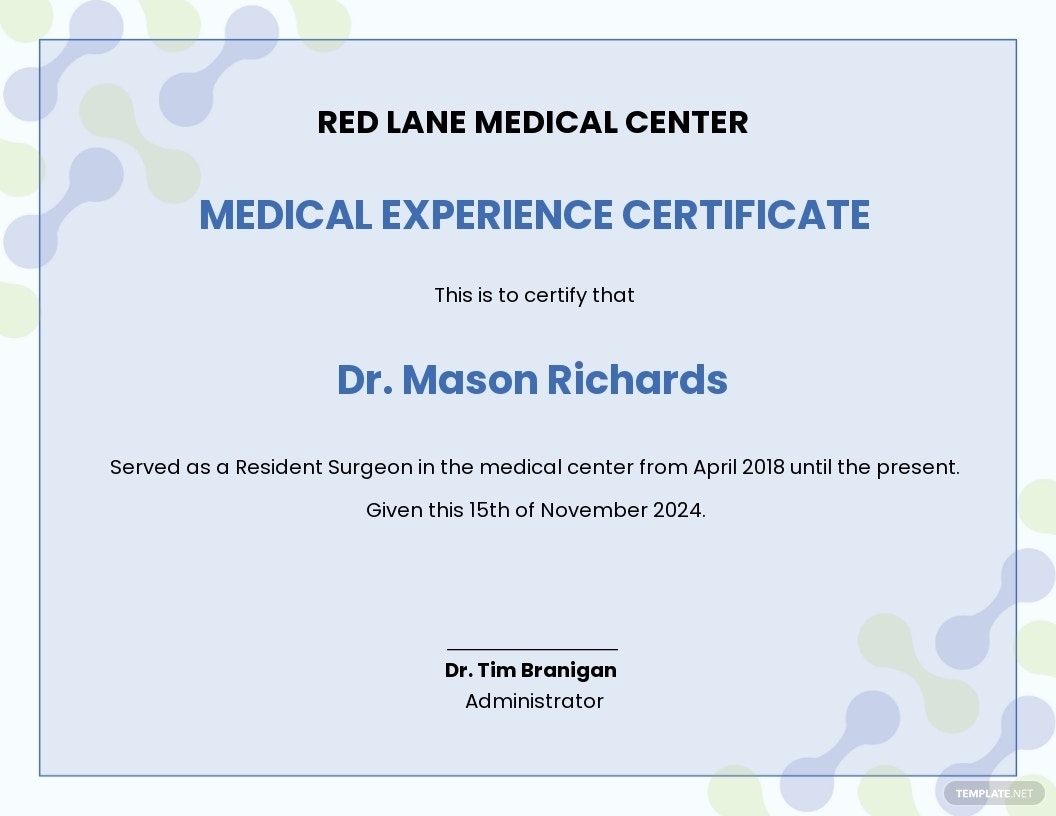 Medical Experience Certificate Template In Google Docs, Illustrator Intended For Certificate Of Experience Template