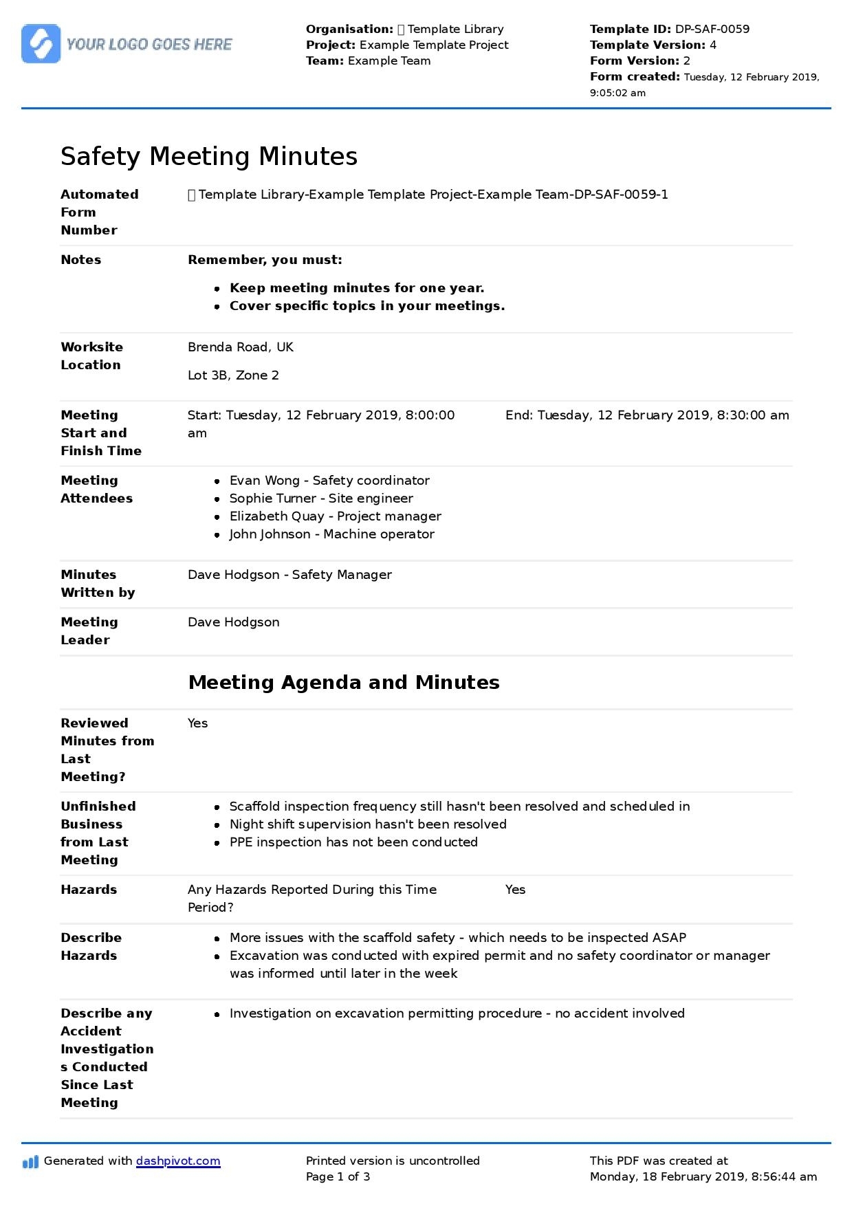 Minutes Of Health And Safety Meeting Template (Free And Editable) Within Health And Safety Board Report Template