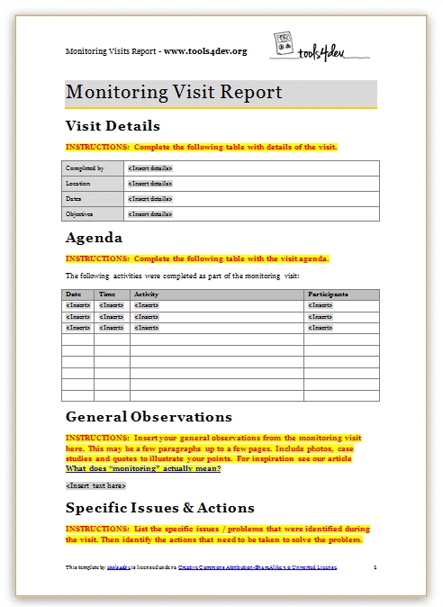 Monitoring Visit Report Template | Tools4Dev In Site Visit Report Template Free Download
