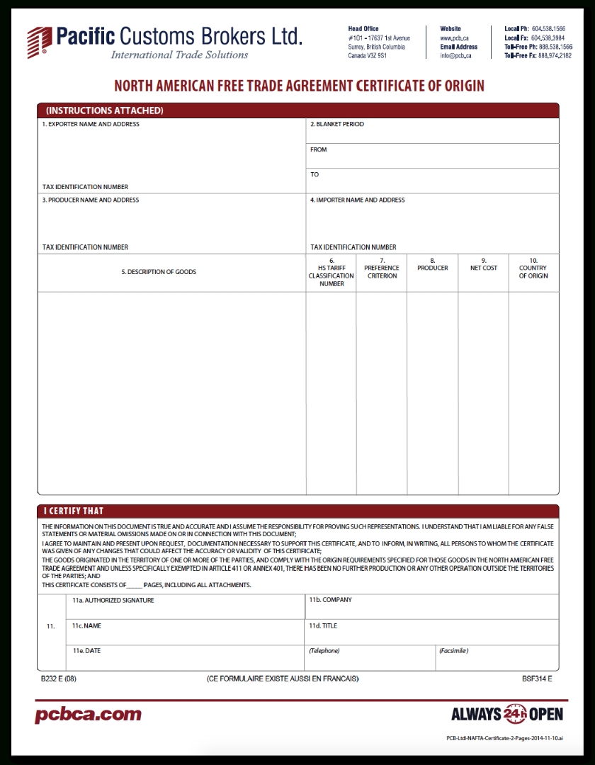 Nafta Certificate Of Origin Form ~ Sample Certificate With Nafta Certificate Template