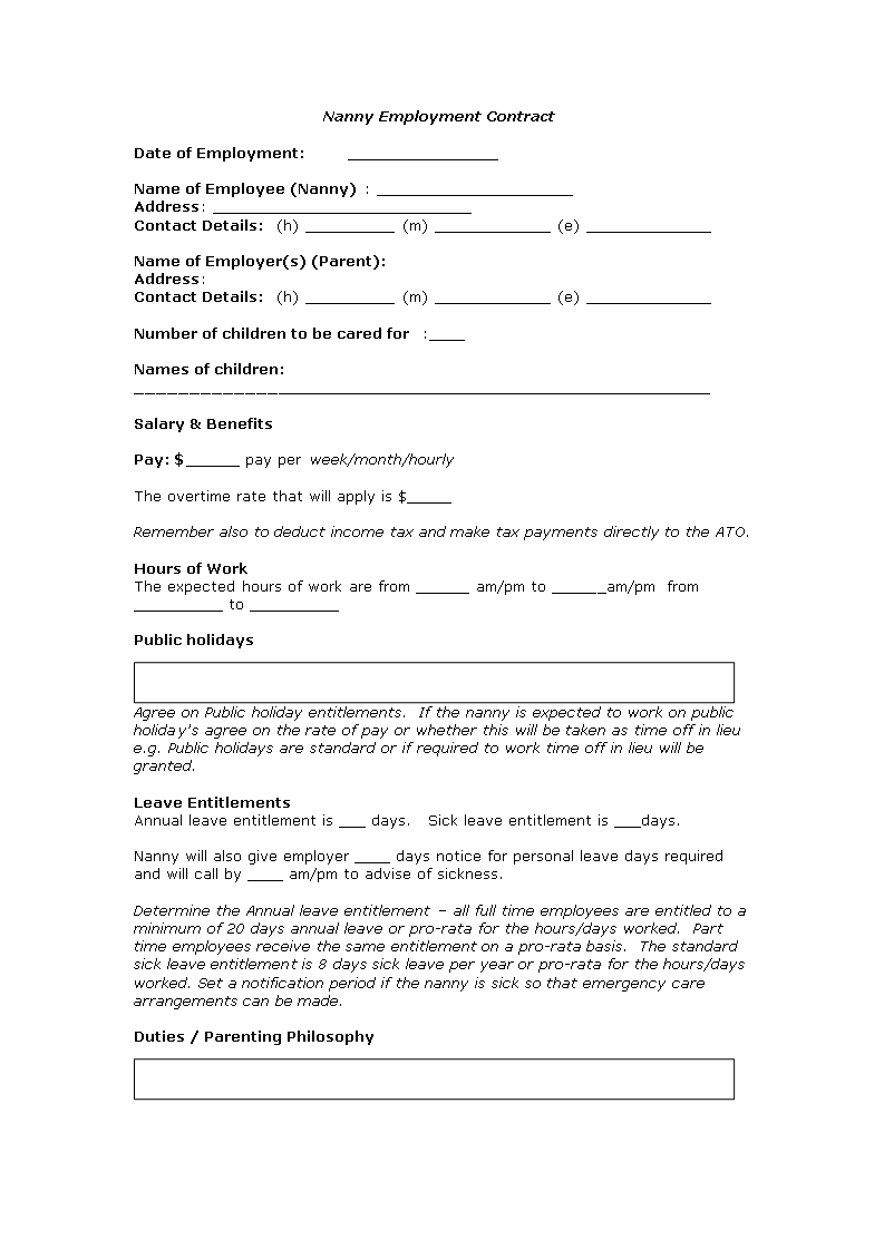 Nanny Employment Contract Template | Templates At Allbusinesstemplates regarding Nanny Contract Template Word