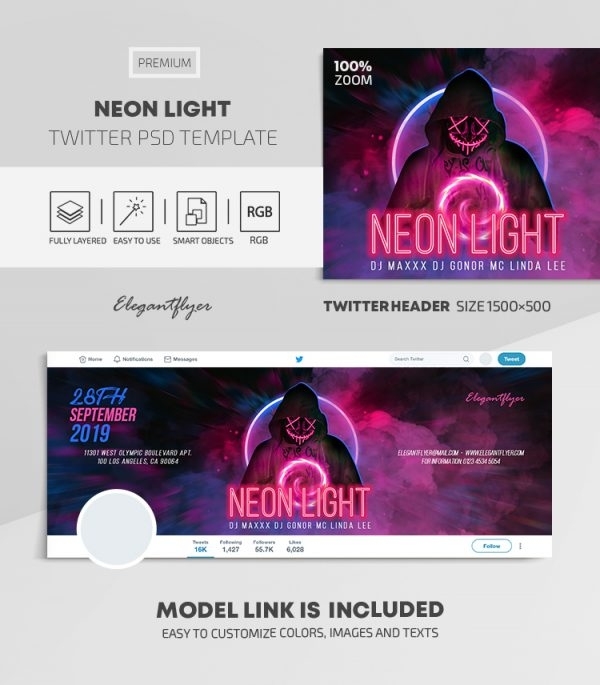 Neon Light – Twitter Header Psd Template | By Elegantflyer For Twitter Banner Template Psd