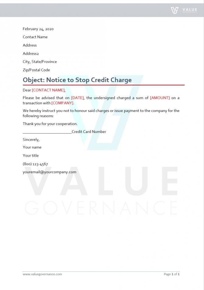 Notice To Stop Credit Charge – Gotilo Intended For Credit Card Privacy Policy Template