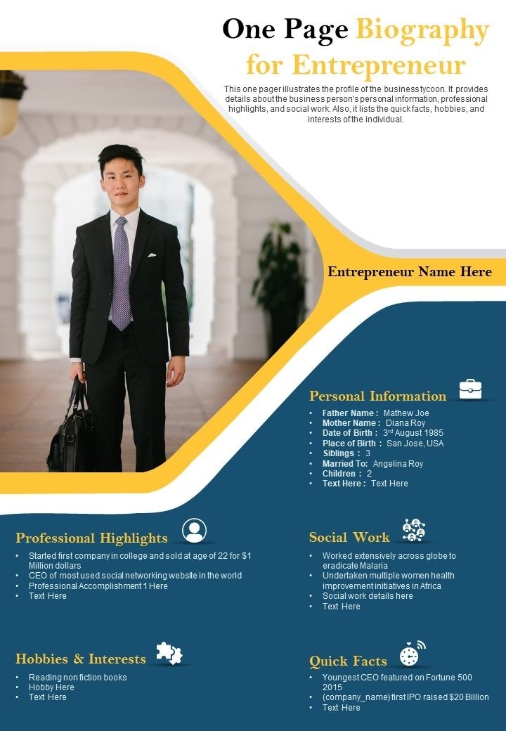 One Page Biography For Entrepreneur Presentation Report Infographic Ppt Pertaining To Biography Powerpoint Template