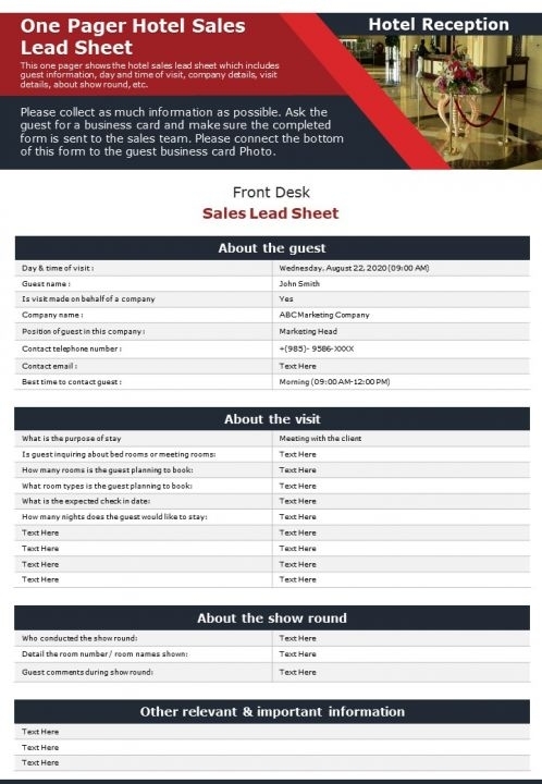 One Pager Hotel Sales Lead Sheet Presentation Report Infographic Ppt Inside Sales Lead Report Template