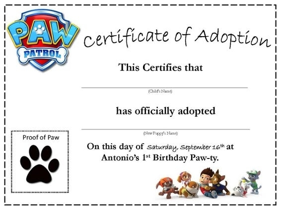 Paw Patrol Puppy Adoption Certificate Custom Intended For Toy Adoption Certificate Template