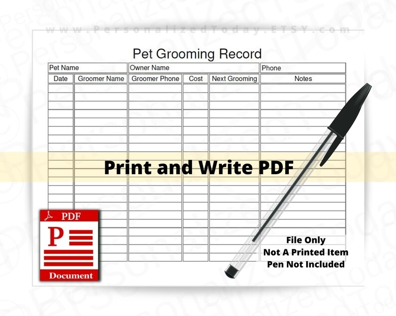 Pet Grooming Record Fillable And Print And Write Pdf Files Us | Etsy throughout Dog Grooming Record Card Template