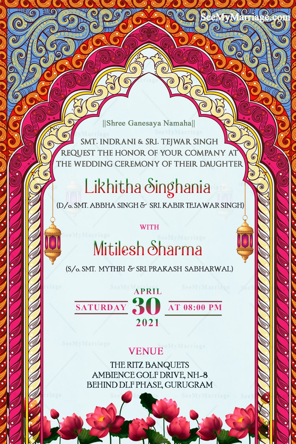 Pink And Blue Theme Traditional North Indian Wedding Invitation Card Intended For Indian Wedding Cards Design Templates