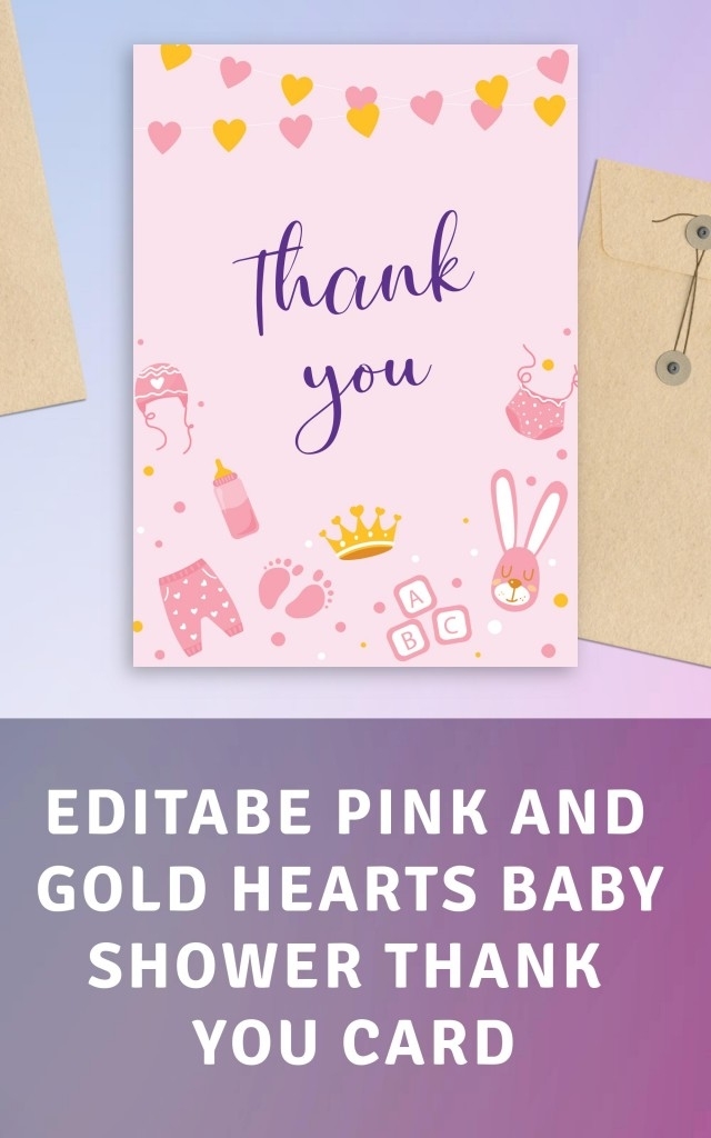 Pink And Gold Hearts Baby Shower Thank You Card Template Editable Online Pertaining To Thank You Card Template For Baby Shower