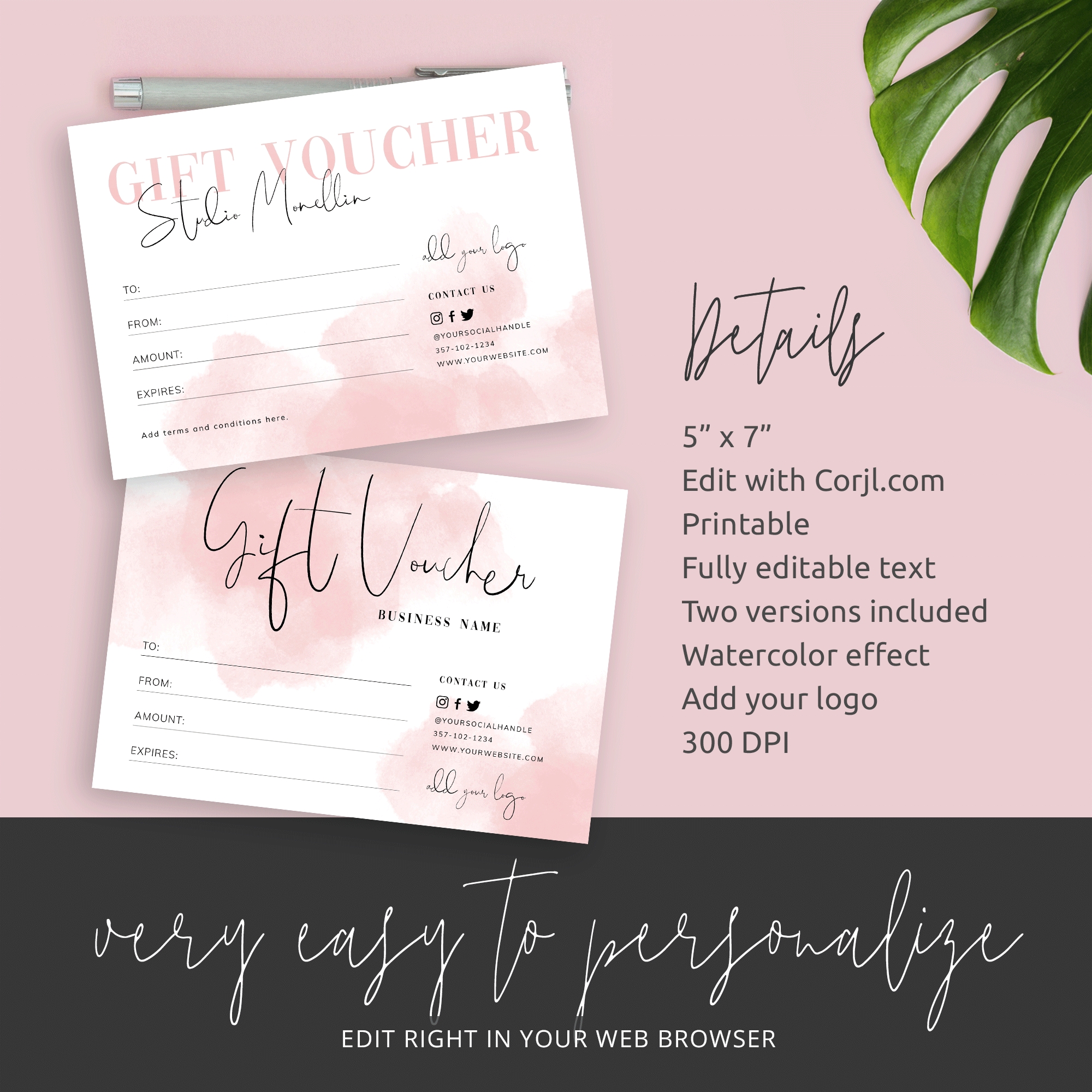 Pink Watercolor Gift Voucher - Editable Gift Certificate Template - Corjl For Pink Gift Certificate Template