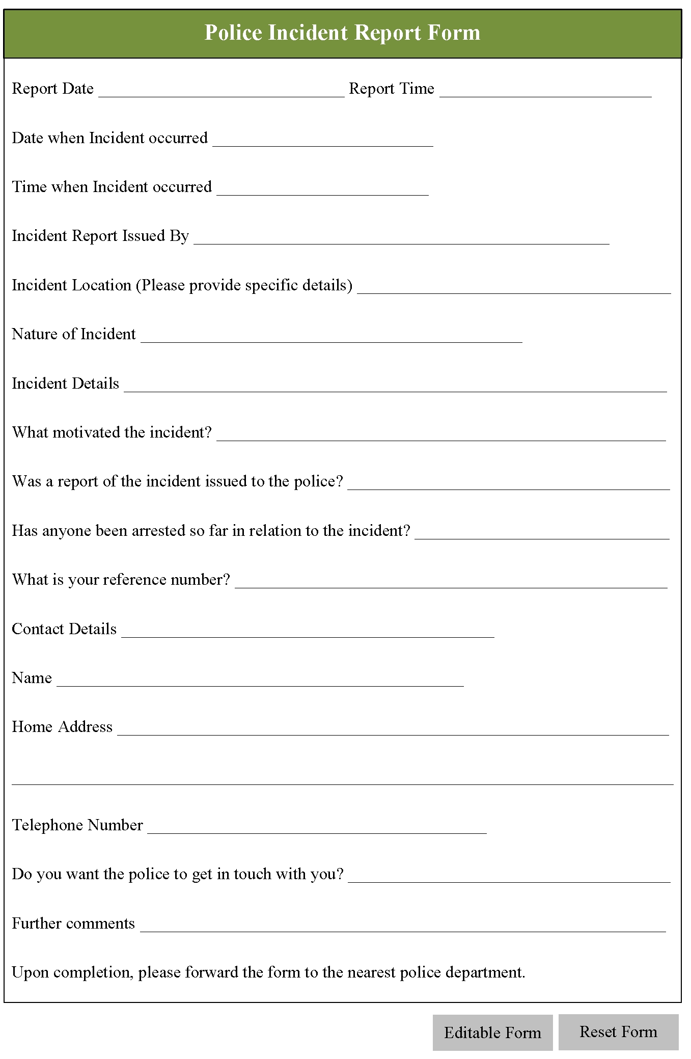 Police Incident Report Form – Editable Forms Intended For Blank Police Report Template
