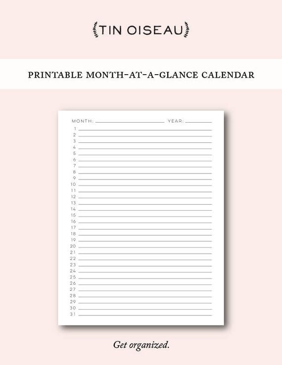 Printable Blank Month At A Glance Monthly Calendar Template | Etsy Regarding Month At A Glance Blank Calendar Template