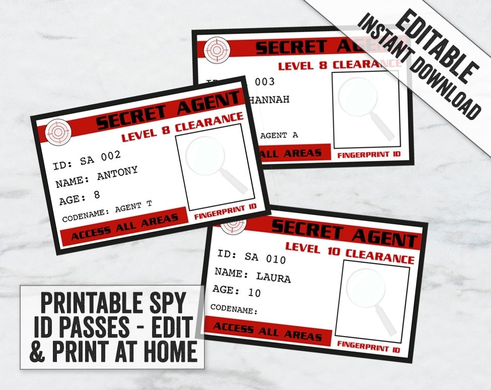 Printable Secret Agent Id Passes Editable Spy Party | Etsy Pertaining To Spy Id Card Template