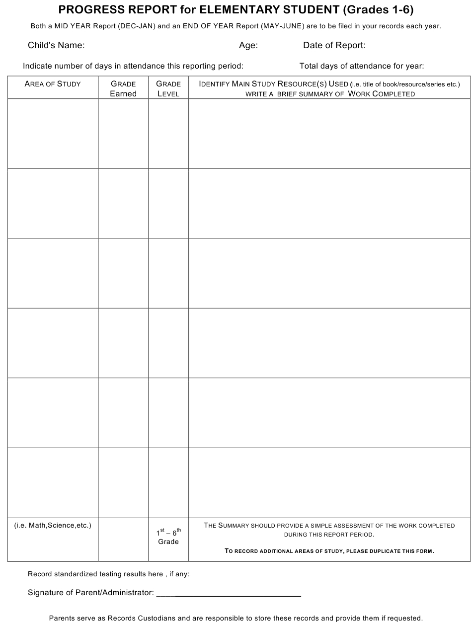 Progress Report For Elementary Student Template – Grades 1 6 Download In Pupil Report Template