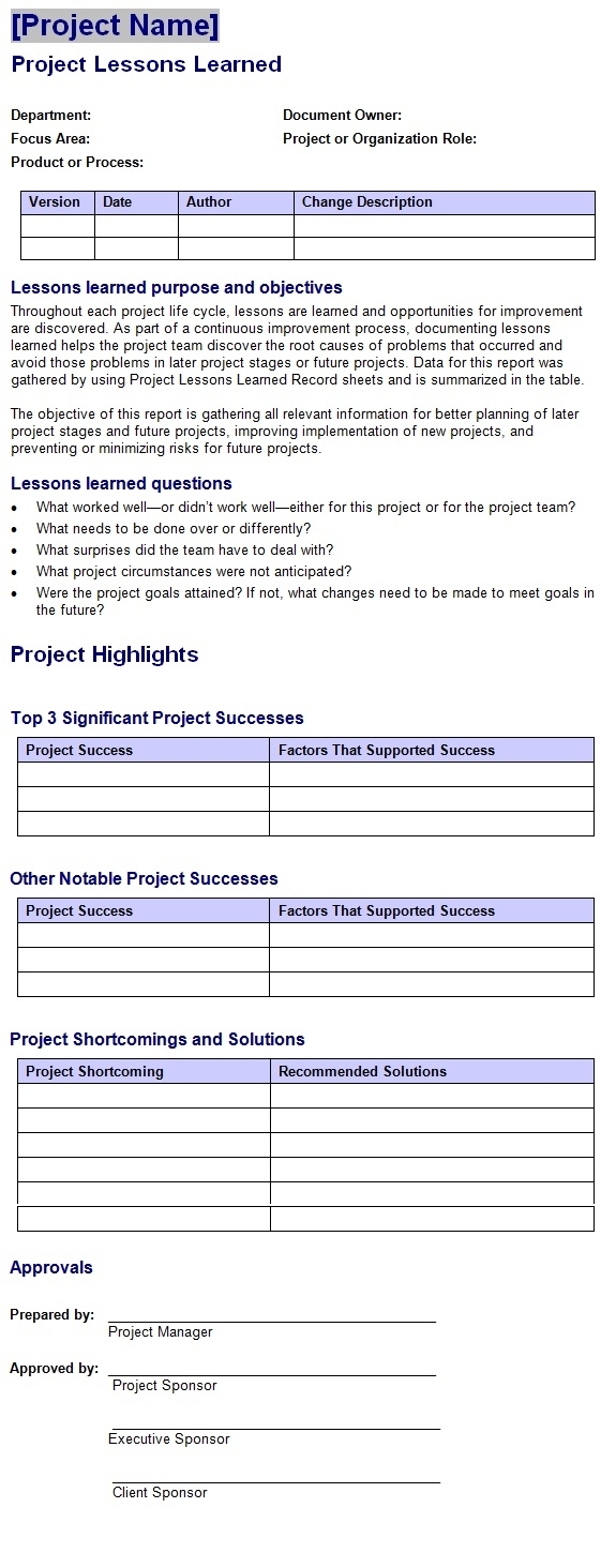 Project Lessons Learned ~ Template Sample Pertaining To Lessons Learnt Report Template
